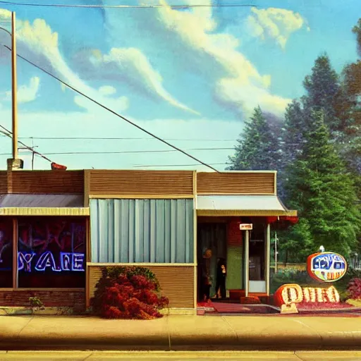 Image similar to a roadside diner open since the 7 0 s in ohio : with free coffee refills, daily specials, and a door you must never open, high quality high detail matte painting by david mattingly and norman rockwell and nc wyeth, hd, realistic, photorealistic lighting, composition and layout in the style of gregory crewdson, modern supernatural horror.