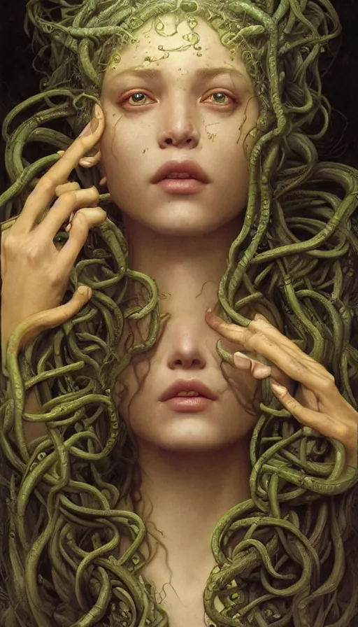 Image similar to epic masterpiece Medusa, drama, sweaty skin, hyperrealistic, octane render, cinematic, beautiful face and flawless skin, perfect hands, 5 fingers, yellow by Edgar Maxence and Ross Tran and Michael Whelan and Lorenzo Sperlonga, Brom, Legends of Runeterra