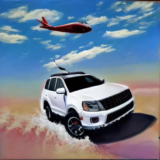 Image similar to realistic painting of a suv in the air