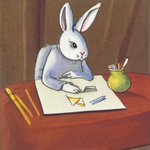 Image similar to a cute cartoon rabbit sitting at a table and writing on a notebook, Children's Book Illustration, Antoine de Saint-Exupéry