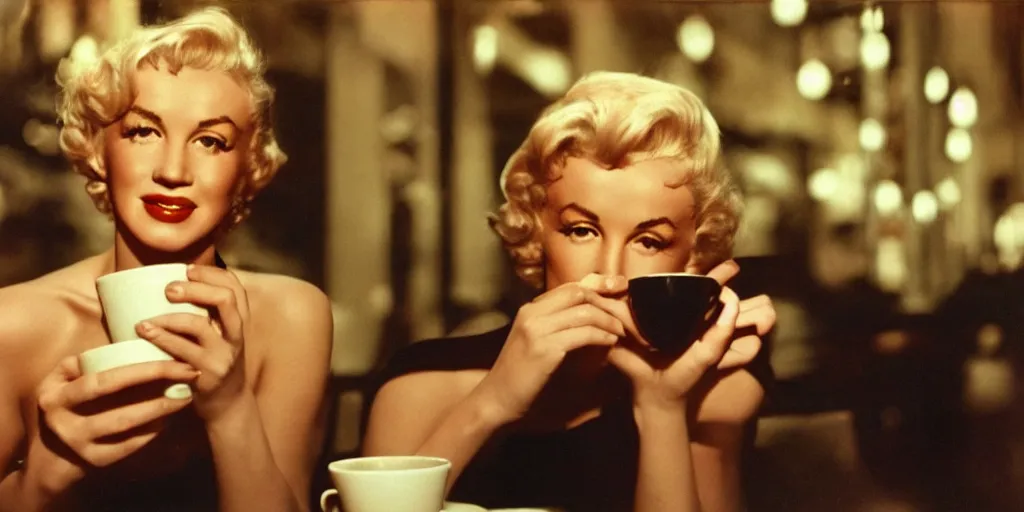 Image similar to A close-up, color cinema film still of a marlin monroe drinking coffee at a starbucks, ambient lighting at night.