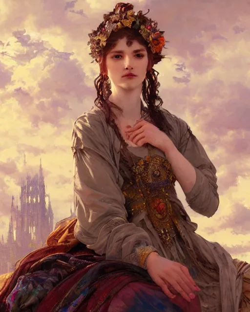 Image similar to a stunning intricate exquisite imaginative exciting western commoner close up portrait of an curious woman sitting with homely looks, tattered work clothes, ornate magical intricate and soft by ruan jia, tom bagshaw, alphonse mucha, krenz cushart, beautiful palace ruins in the background, epic sky, vray render, artstation, deviantart, pinterest, 5 0 0 px models