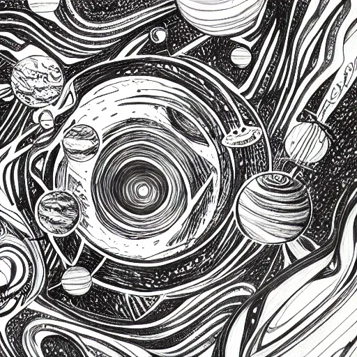 Image similar to stars and planets, detailed intricate sketch, 4k, illustration, cross hatched, black ink on white paper