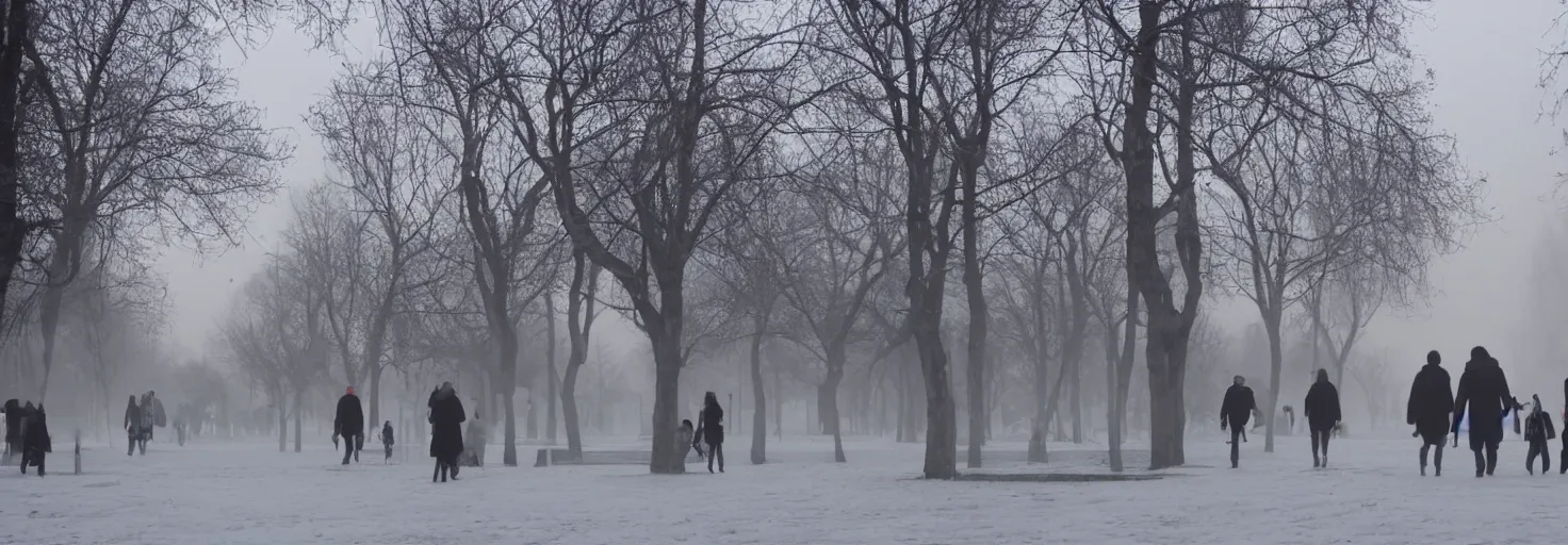 Image similar to Bucharest center in winter at dawn with people walking, mist, very very very very very very beautiful