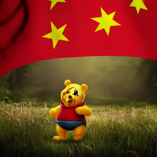 Prompt: hyperrealistic, hdr, 4 k, 8 k, photograph, cinematic lighting, moody overtones, drawing of winnie the pooh in china, with a chinese flag behind him