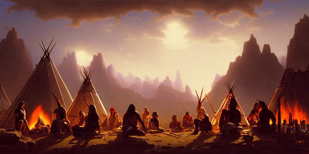 Image similar to a group of some native americans and their cyborgs sitting together at a fire in front of some tipis, beatiful mountain background, cyberpunk, by albert bierstadt, by greg rutkowski, highly detailed, warm lightning, digital painting