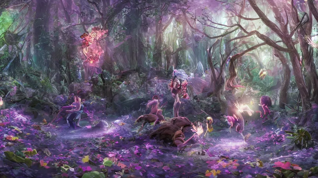 Prompt: fairies in a mystical magic forest, cinematic scene, studio lighting, colorful, simple, candy, fantasy, fireflies, flowers, ( matte painting, concept art, medium shot, trending on artstation )