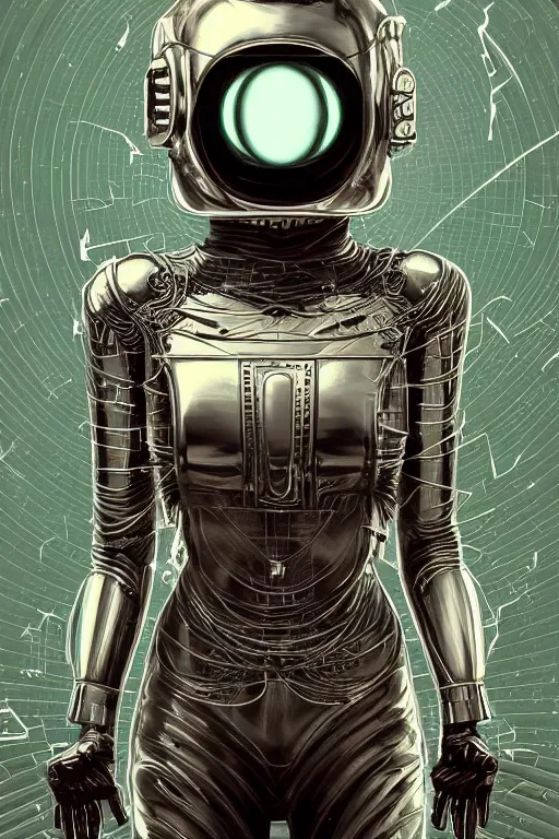 Image similar to retro-futuristic portrait of a beautiful damaged female android in dusty chrome armour with wires hanging, ornate background, light from below, ornate pattern, glowing eyes, evil expression, high details, intricate details, renaissance painting by vincent di fate, artgerm julie bell beeple, 80s, Smooth gradients, High contrast, depth of field, very coherent symmetrical artwork