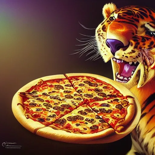 Prompt: portrait of tony the tiger opening his mouth to eat pizza, highly detailed, digital painting, artstation, concept art, sharp focus, illustration, art by artgerm and greg rutkowski and alphonse mucha