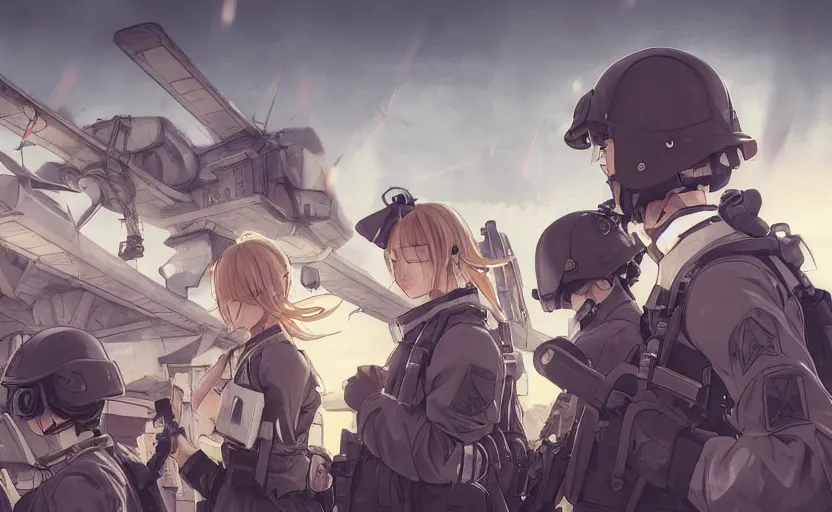 Image similar to anime style, modern warfare, panoramic view, searchlights in background, soldier clothing, hair down, real faces, symmetrical facial features, from arknights, hyper realistic, wallpaper, detailed drawing, trending pixiv, safebooru, volumetric lights, think in 3 d, by alphonse mucha, greg rutkowski, sharp focus, backlit, mechanized transport