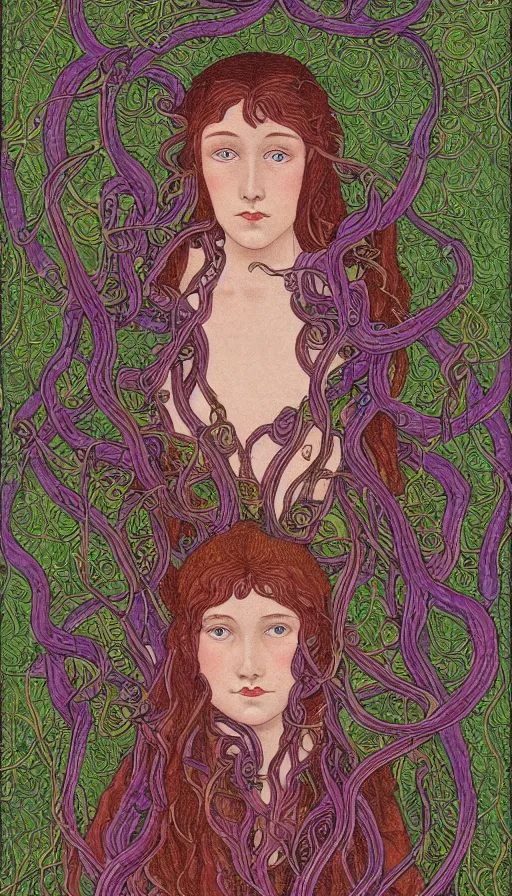 Image similar to very detailed portrait of a 2 0 years old girl surrounded by tentacles, the youg woman visage is blooming from fractal and vines, by ivan bilibin,