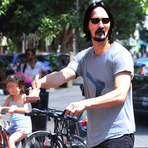 Prompt: Keanu Reeves eating ice cream and riding a bicycle