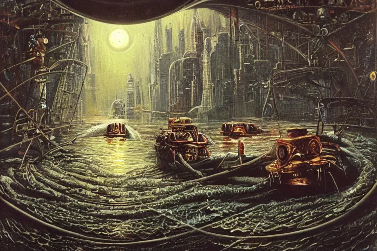 Prompt: river boats speeding between spherical tree houses on flooded streets of new york painting by h. r. giger and paul lehr