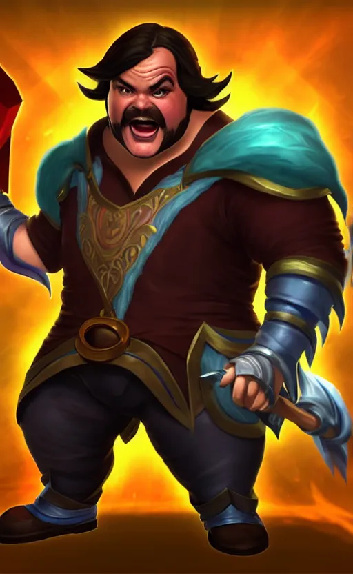 Image similar to Jack Black as a character in the game League of Legends, with a background based on the game League of Legends, detailed face, old 3d graphics