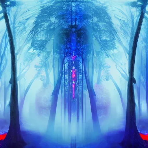 Prompt: portrait of an ethereal forest made of blue and red light, divine, cyberspace, mysterious, dark high-contrast concept art