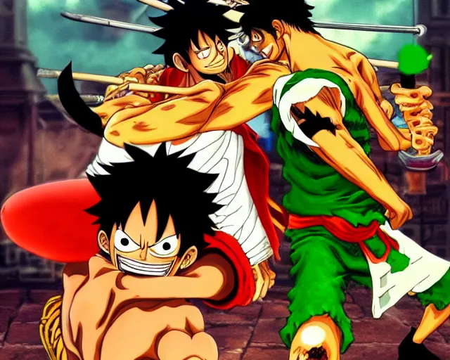 Image similar to Monkey D. Luffy and Roronoa Zoro fighting in Street Fighter III (1997)