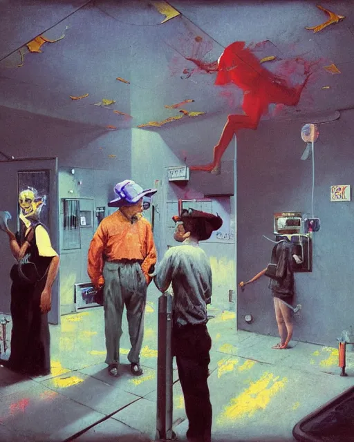 Prompt: square people conversing with dark dogs at a gas station with large oxygen tank in the style of Francis Bacon and Syd Mead and Norman Rockwell and Beksinski, open ceiling, highly detailed, painted by Francis Bacon and Edward Hopper, painted by James Gilleard, surrealism, airbrush, very coherent, triadic color scheme, art by Takato Yamamoto and James Jean