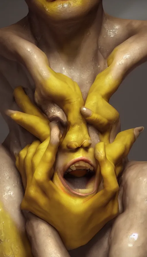 Prompt: epic masterpiece torment, drama, sweaty skin, hyperrealistic, octane render, cinematic, beautiful face and flawless skin, perfect hands, 5 fingers, yellow by Lorenzo Sperlonga, Legends of Runeterra