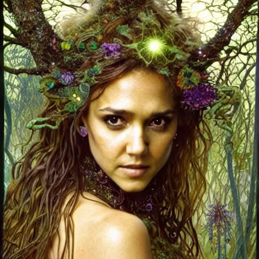 Image similar to head and shoulders portrait of a flowering fey fairy warlock portrayed by young jessica alba, in a magical forest, d & d, fantasy, luis royo, magali villeneuve, donato giancola, wlop, krenz cushart, hans zatka, klimt, alphonse mucha