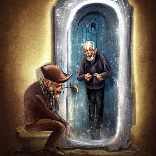 Image similar to old man going through an old magical door, digital art, 4 k, fantasy