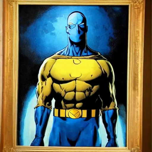 Image similar to painting by Frank Frazetta of Christian Bale!!!! as Dr. Manhattan in Watchmen