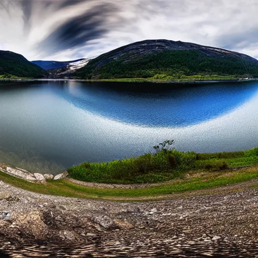 Prompt: 3 6 0 panorama of a norwegian lake