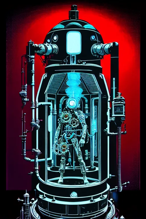 Image similar to steampunk cryo chamber containing an cyborg, high details, intricately detailed, by vincent di fate, inking, 3 color screen print, masterpiece, trending on artstation,, sharp, details, hyper - detailed, hd, 4 k, 8 k