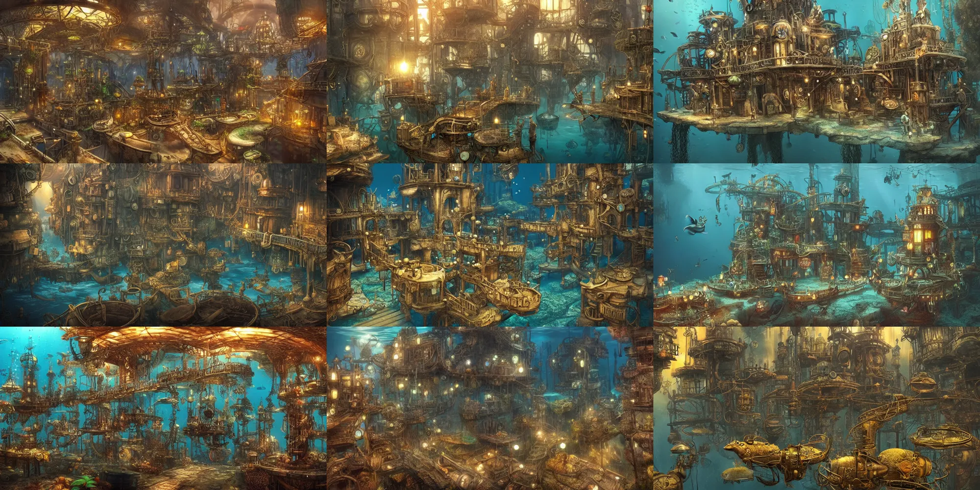 Prompt: a beautiful underwater steampunk city, realistic, fish