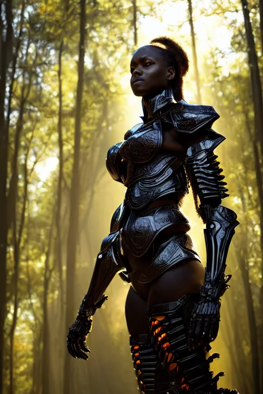 Image similar to hyperrealistic long shot mithra gorgeous black woman intricate exoskeleton bone armor in a forest sun behind her concept art eric zener elson peter cinematic orange light low angle hd 8k sharp rack focus