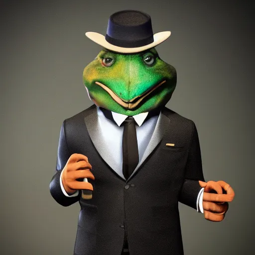 Image similar to a high quality photo of an antropomorphic mafia frog wearing a suit smoking a cigar, 3d scene, render, ultra realistic, artstation, cgsociety