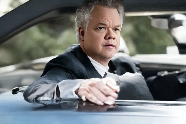 Image similar to tim robbins from the netflix show i think you should leave driving a coffin, movie still, 8 k, from the newest fast and furious movie