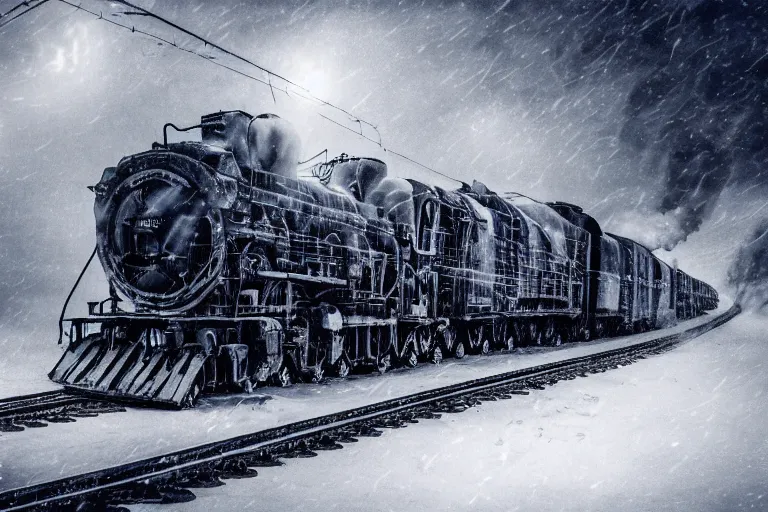 Prompt: an old locomotive rushing through snow storm in high speed, white steam on the side, dark smoke with fire! from the pipes, dynamic angled shot, speed lines, fire particles and snowflakes everywhere, 8 k, by jean - baptiste monge, 1 6 k, eerie moon eclipse cinematic scenery