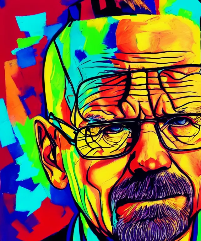 Image similar to a portrait of walter white in a colorful environment