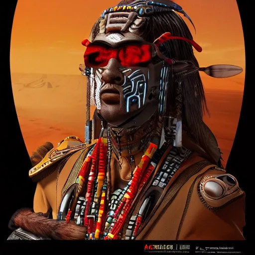 Image similar to a aztec/native american cybernetic mercenary in the style of Jean Giraud Photorealistic HD 8k highlights and shadow detailed High Resolution