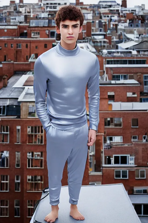 Image similar to un ultra high definition studio quality photographic art portrait of a young man standing on the rooftop of a british apartment building wearing soft padded silver pearlescent clothing. three point light. extremely detailed. golden ratio, ray tracing, volumetric light, shallow depth of field. set dressed.