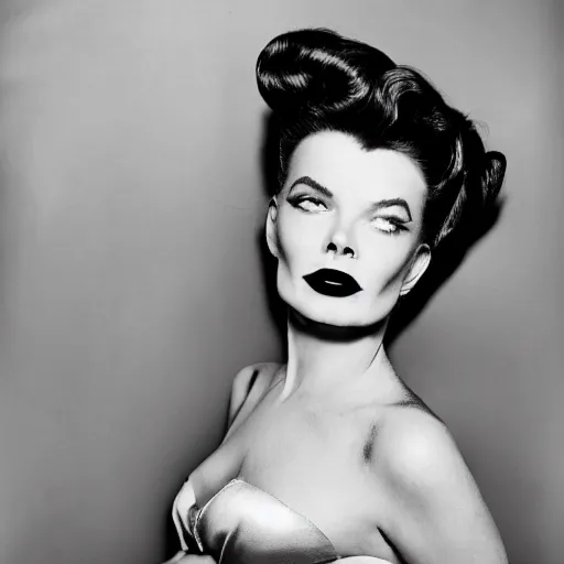 Image similar to a fashion hotel room photo portrait of a young Katherine Hepburn, full makup, smokey eye, medium shot. In the style of Helmut newton, robert maplethorpe, Stefano Brunesci, Lachlan Bailey, Herb Ritts, Ellen Von Unwerth, Haris Nukem.