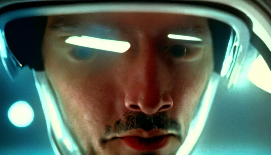 Image similar to 1 9 6 0 s movie still of keanu reeves, 2 0 0 1 a space odyssey, cinestill 8 0 0 t 3 5 mm, high quality, heavy grain, high detail, panoramic, cinematic composition, dramatic light, ultra wide lens, anamorphic, flares