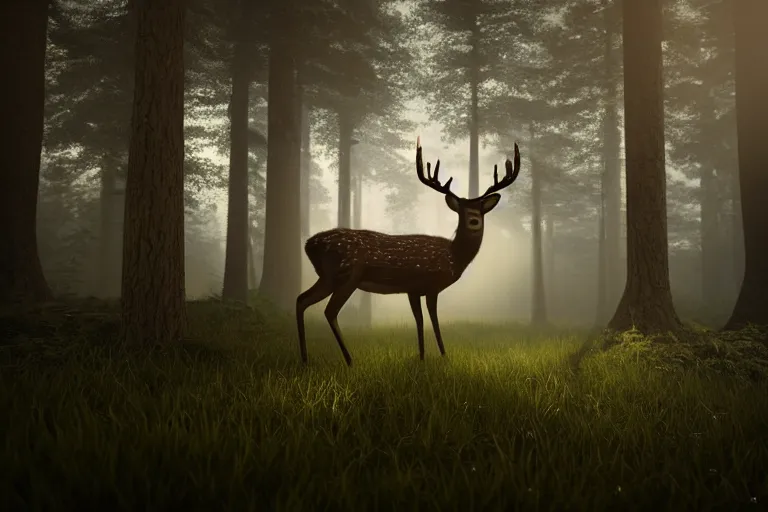 Prompt: a close up of the head of a deer with glowing eyes in the foreground, background of a landscape misty forest scene, the sun glistening through the trees, hyper realistic photograph, octane render 8k, trending on artstation, unreal engine