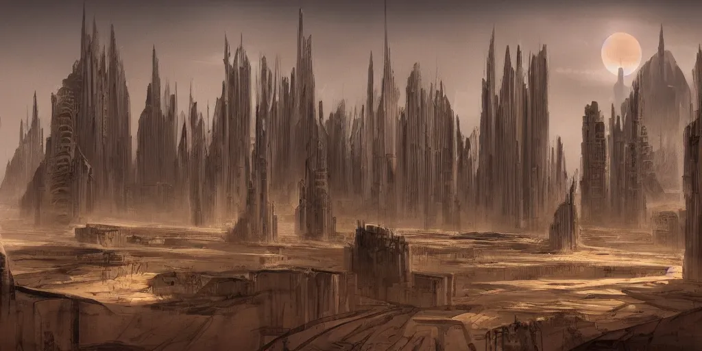 Image similar to city and temples of arrakis, but it is an oasis with trees and water, arrakeen, arab architectural and brutalism and gigantism, from frank herbert novels, composition idea concept art for movies, style of denis villeneuve and greg fraiser