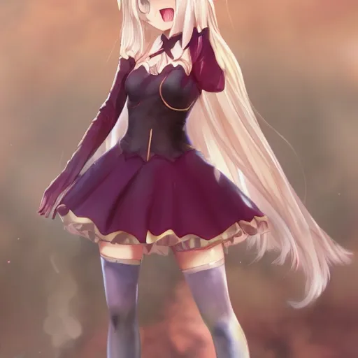 Prompt: beautiful full body image of illya von einzbern from fate / stay night, high details, high resolution, noise filtered, artstation, 4 k, highly detailed, high quality, digital painting masterpiece, beautiful brush strokes