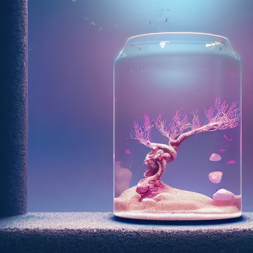 Prompt: pink bonsai aquarium inside a glass jar buried in sand, hourglass, intricate detail, volumetric lighting, epic composition, hyper detailed, ultra realistic, sharp focus, octane render, volumetric, ray tracing, sense of awe, swirling mist, blue moon, himalayan rocksalt lamp 4 k