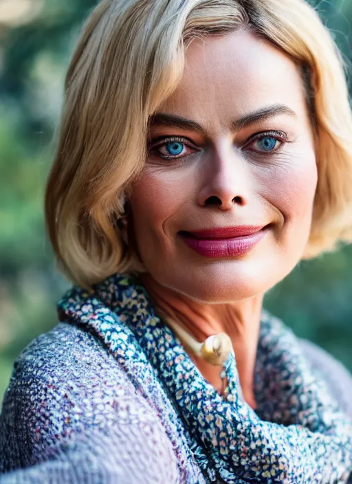 Image similar to DSLR photo portrait still of 63 year old age 63 Margot Robbie at age 63!!!, 85mm f1.8