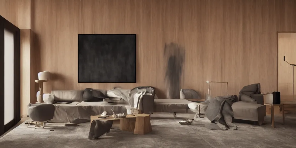 Prompt: beautiful oil matte portrait painting, modern living room with wood paneling and concrete walls designed by zaha hadid, wonderful masterpiece, highly detailed, beautiful cinematic light, deep focus, elegant, digital painting, smooth, sharp focus, golden ratio, dramatic illumination, ultra realistic, 8 k, art by artemisia lomi gentileschi and caravaggio