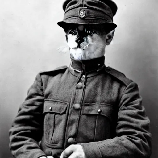 Image similar to a cat in military uniform during world war I. world war I photography. high resolution. grainy photo. national geographic photo of the year. W-1024