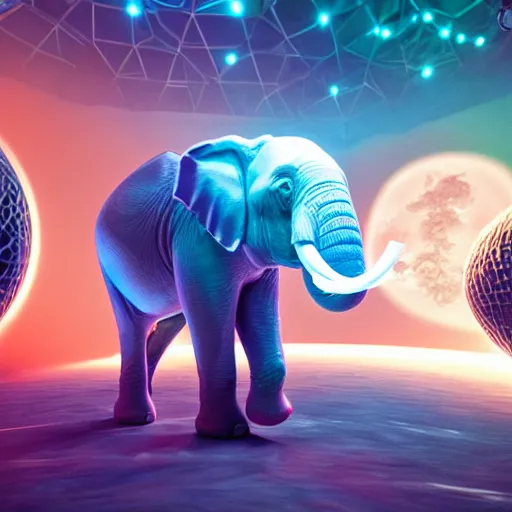 Image similar to a hyperrealistic photograph 3D octane render of an elephant wearing virtual reality goggles playing a synthesizer inside of a geodesic dome planetarium with planets and galaxies, trending on artstation, 8k, 4K, dramatic lighting, glowing, volumetric lighting, ray tracing, unreal engine