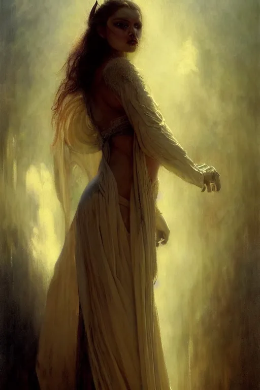 Prompt: a full body portrait of a demon girl wearing gown, high detail, cleary see face, by gaston bussiere, bayard wu, greg rutkowski, odd nerdrum, maxim verehin, realism, dan dos santos, masterpiece, sharp focus, cinematic lightning