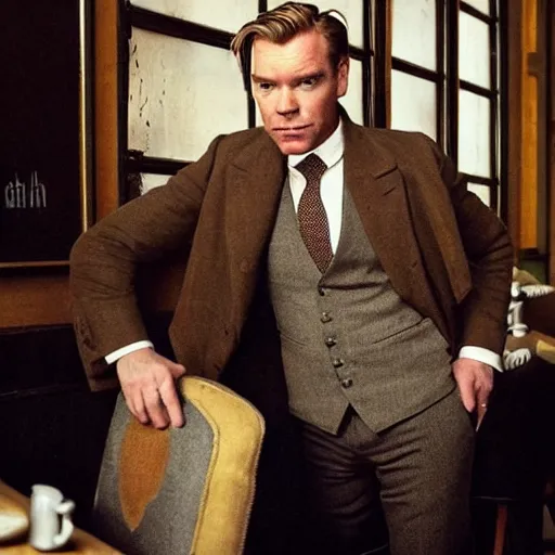 Prompt: ewan mcgregor from behind dressed as a gentleman in early 2 0 th century paris cafe. warm colour, brown colours, yellow colours