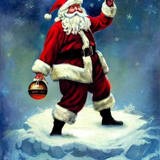 Prompt: an ultra - realistic portrait painting of santa claus holding a snowglobe in the style of frank frazetta. 4 k. ultra - realistic. highly detailed. dark fantasy. epic lighting.