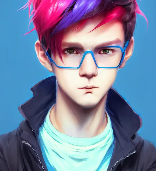 Image similar to character concept art of a cute young cyberpunk boy with colorful hair and collar | | cute - fine - face, pretty face, key visual, realistic shaded perfect face, fine details by stanley artgerm lau, wlop, rossdraws, james jean, andrei riabovitchev, marc simonetti, and sakimichan, trending on artstation