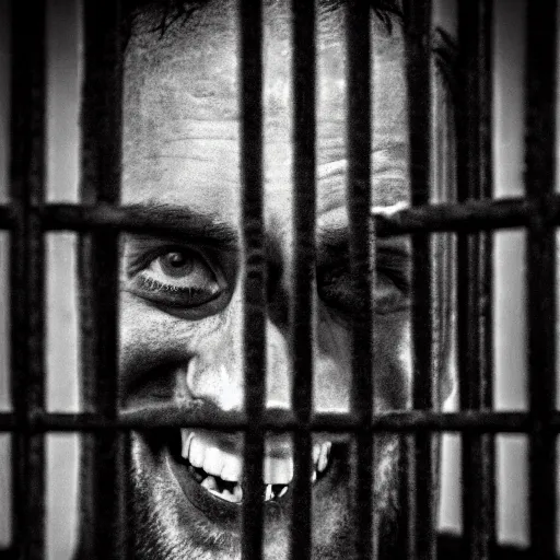 Prompt: gigachad behind bars in jail, laughing, photo by Paul Barson, cubism, dark, high contrast, high exposure photo